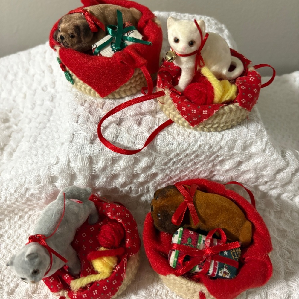 Dog and Cats in Basket Christmas Ornaments